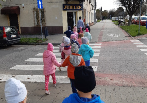 Dzieci prawidłowo i bezpiecznie przechodzą przez jezdnię po posach.