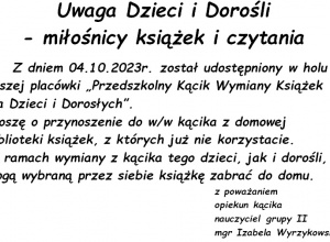 „Przedszkolny Kącik Wymiany Książek dla Dzieci i Dorosłych”.